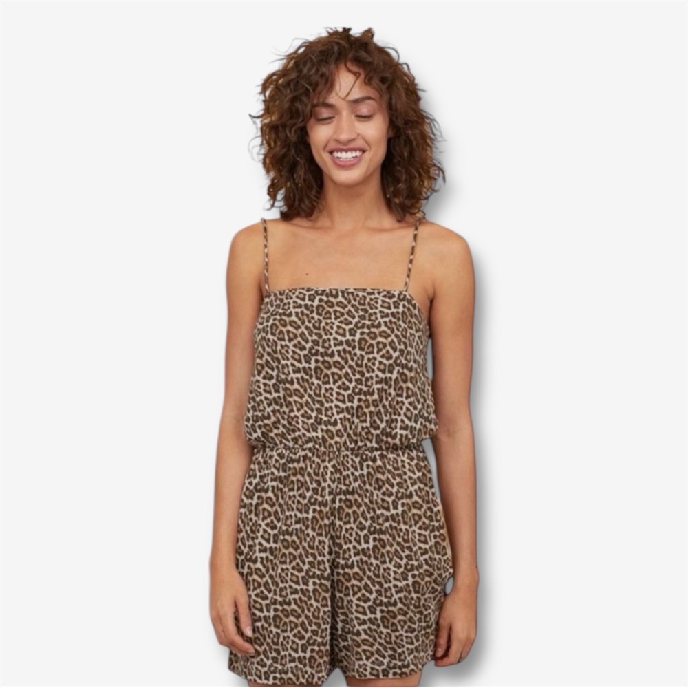 H&M Leopard Print Romper Spaghetti Strap Brown Tan Playsuit Animal Print Large